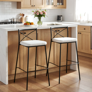 Sunvega Modern Charlotte 30" Fixed-Height Barstool in Black Metal and White Faux Leather