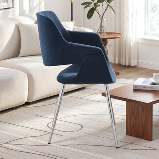 Sunvega Glam Art Deco Chair with Blue Velvet Upholstery and Chrome Metal Legs Set of 2