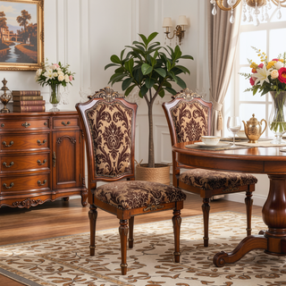 Sunvega Brown Cherry Formal Dining Room Side Chairs with Floral Fabric Seats