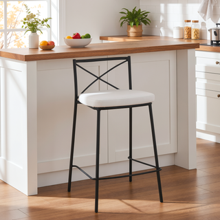 Sunvega Modern Black Metal Frame Counter Stool with White Faux Leather Seat Set of 2