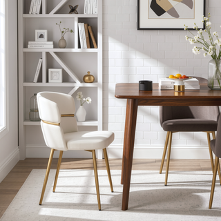 Sunvega Glam Art Deco Dining Chairs with Cream Velvet and Gold Metal Set of 2