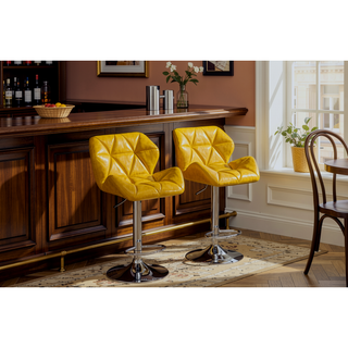 Sunvega Blue PU Leather Diamond-Tufted Swiveling Adjustable Height Bar Stools Set of 2