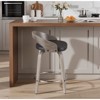 Sunvega Mid-Century Modern Counter Stool with Light Grey Wood and Black Faux Leather