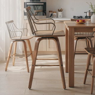 Sunvega Preston Farmhouse Counter Stool with White Washed Wood and Swivel Seat