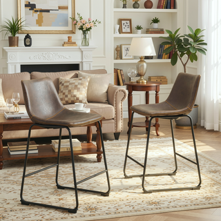 Sunvega Antique Brown PU Leather Counter Height Stools with Iron Frame, Set of 2