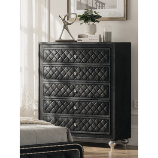 Sunvega Glam Style Black Dresser with Tufted Drawer Fronts and Faux Crystal Knobs