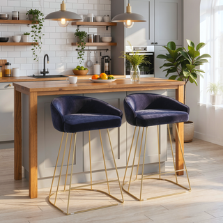 Sunvega Gold Tone Metal Frame Counter Stool with Blue Velvet Upholstered Seat