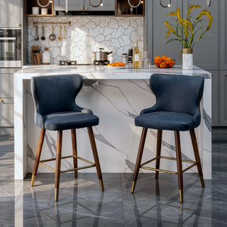 Sunvega Mid-Century Modern Blue Faux Leather Tufted Counter Stool Set with Nailhead Trim