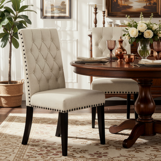 Sunvega Sand and Rustic Espresso Tufted Side Chairs with Rolled Backrest and Padded Seat