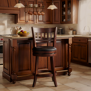 Sunvega Dark Cherry Finish Solid Wood Bar Chair with 360-Degree Swivel and Footrest