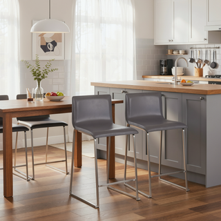 Sunvega Contemporary Counter Stool with Grey Faux Leather and Brushed Stainless Steel