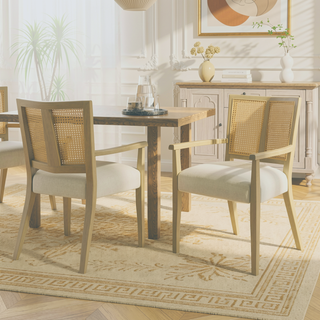 Sunvega Mid-Century Modern Cane Back Arm Dining Chairs with Upholstered Seat Set of 2