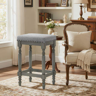 Sunvega Distressed Wooden Farmhouse Barstools with Faux Leather Seat, Counter-Height