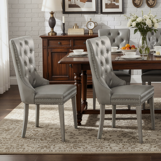 Sunvega Champagne Faux Leather Upholstered Dining Chairs with Tufted Backrest