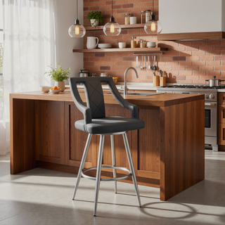 Sunvega 26 Inch Gray Faux Leather Swivel Bar Stool with Brushed Stainless Steel Frame