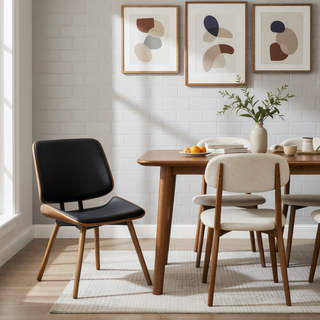 Sunvega Mid-Century Modern Walnut Dining Chair with Black Faux Leather and Padded Seat Set of 2