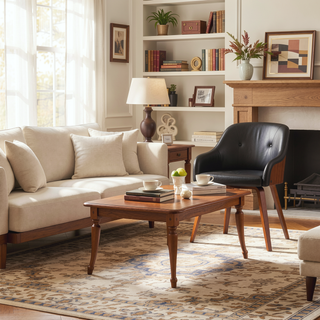 Sunvega Mid-Century Modern Dining Accent Chair with Walnut Wood Back and Faux Leather