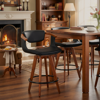 Sunvega Mid-Century Modern Counter Stool with Walnut Wood Accents and Faux Leather