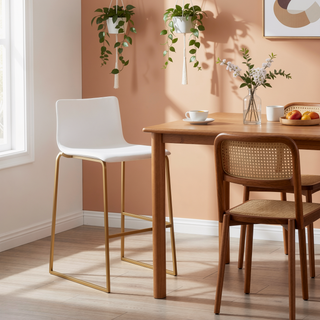 Sunvega Contemporary Gold Steel and White Faux Leather Barstool Set with Footrest