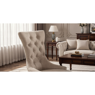 Sunvega Beige Linen Upholstered Dining Chairs with Weathered Espresso Wooden Legs Set of 2