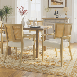 Sunvega Mid-Century Modern Cane Back Arm Dining Chairs with Upholstered Seat Set of 2