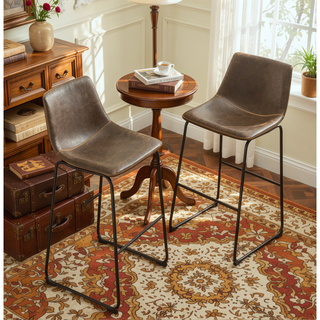 Sunvega Antique Brown Vintage PU Leather Barstools with Iron Frame, Set of 2