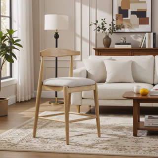 Sunvega Mid-Century Modern Rubberwood Counter Stool with Curved Backrest and Puffy Seat