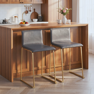 Sunvega Modern Gold Metal and Grey Faux Leather Counter Stool Set of 2