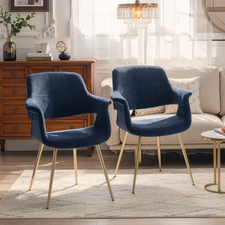 Sunvega Glam Art Deco Chair with Gold Metal Legs and Blue Velvet Upholstery