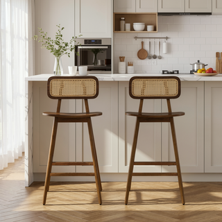 Sunvega Natural Wood Barstool Set with Rattan Backrest and Curved Seat