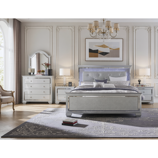 Sunvega Silver Faux Alligator Embossed Nightstand with 2 Dovetail Drawers and LED Lighting