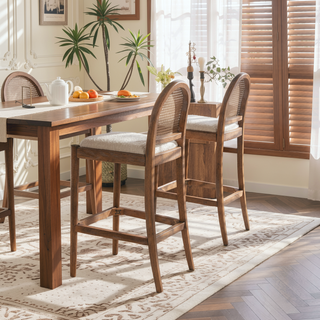 Sunvega Natural Oak and Cane Rattan Counter Stools with Black Boucle Upholstery