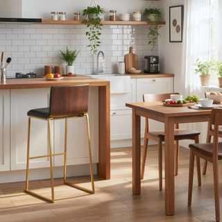 Sunvega Mason Mara Contemporary Fixed-Height Barstool with Gold Metal Walnut Wood Grey Faux Leather