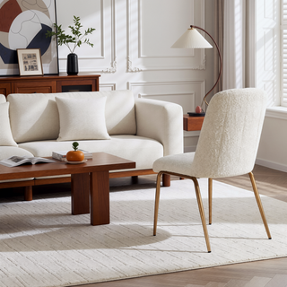 Sunvega Set of 2 White Boucle Dining Chairs with Bronze Metal Tapered Legs
