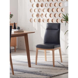 Sunvega Black Leather Walnut Finish Side Chair Set of 2 with Padded Seat