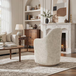Sunvega Ivory Polyester Upholstered Swivel Barrel Chair with Cocoa Wood Base