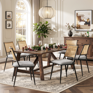 Sunvega Mid-Century Modern Dining Chairs with Rattan Backrest & Thick Boucle Cushion