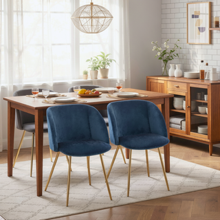 Sunvega Gold Metal and Blue Velvet Upholstered Dining Chairs Set of 2