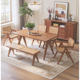 Sunvega Beige and Natural Rattan Arm Chair Set of 2 with Wood Legs