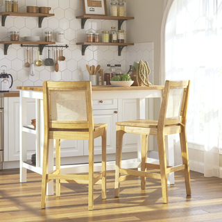 Sunvega Transitional Solid Wood and Rattan Counter Stool Set with Woven Upholstery