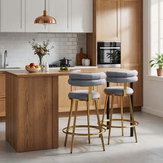 Sunvega Light Gray Velvet Counter Stools Set of 2 with Iron Frame and Footrest