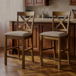 Sunvega Tan and Weathered Oak Cross Back Counter Height Stools with Linen Upholstery