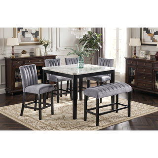 Sunvega Transitional Dining Table with Faux White Marble Top and Black Wood Base
