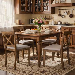 Sunvega Antique Oak Wood Dining Chair Set with Open X Back and Padded Cushion