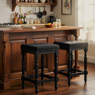 Sunvega Distressed Wooden Farmhouse Barstools with Faux Leather Seat, Counter-Height