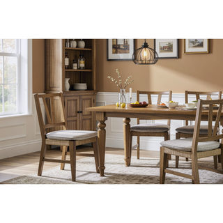 Sunvega Hickory Slat Back Chair with Rattan Seat and Cushion in Almond Set of 2
