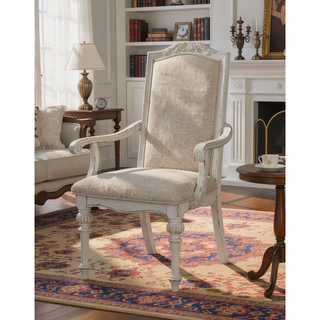 Sunvega Antique White 2pc Arm Chair with Upholstered Seat and Intricate Wood Inlay