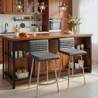 Sunvega Mason Contemporary Swivel Counter Stool with Tufted Seat and Walnut Wood Back