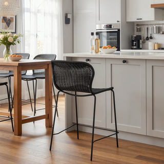 Sunvega Brown Faux Rattan Metal Counter Chair Set with Timeless Inviting Aesthetic