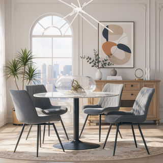 Sunvega Grey Tufted Swivel Dining Chairs with Padded Bucket Seat and Gunmetal Legs